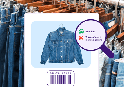 Article avec état, trace d’usure et code-barres SKU unique